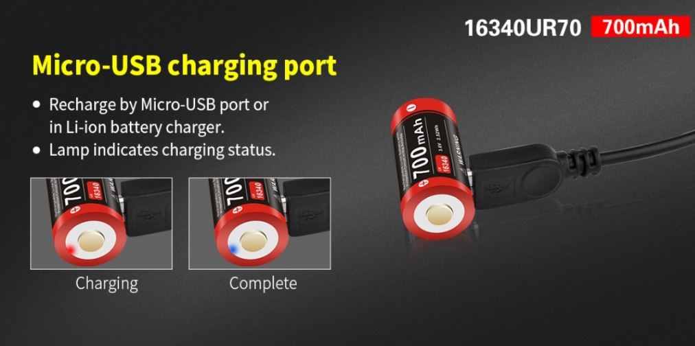 Klarus 16340-700mAh Rechargeable Battery (with USB port)