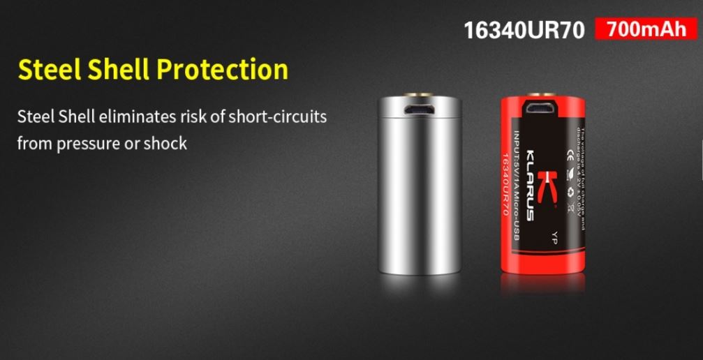 Klarus 16340-700mAh Rechargeable Battery (with USB port)
