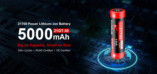 Klarus 21GT-50 21700 5000mAh rechargeable Li-ion battery for flashlights, headlamps, and other high-performance electronic devices