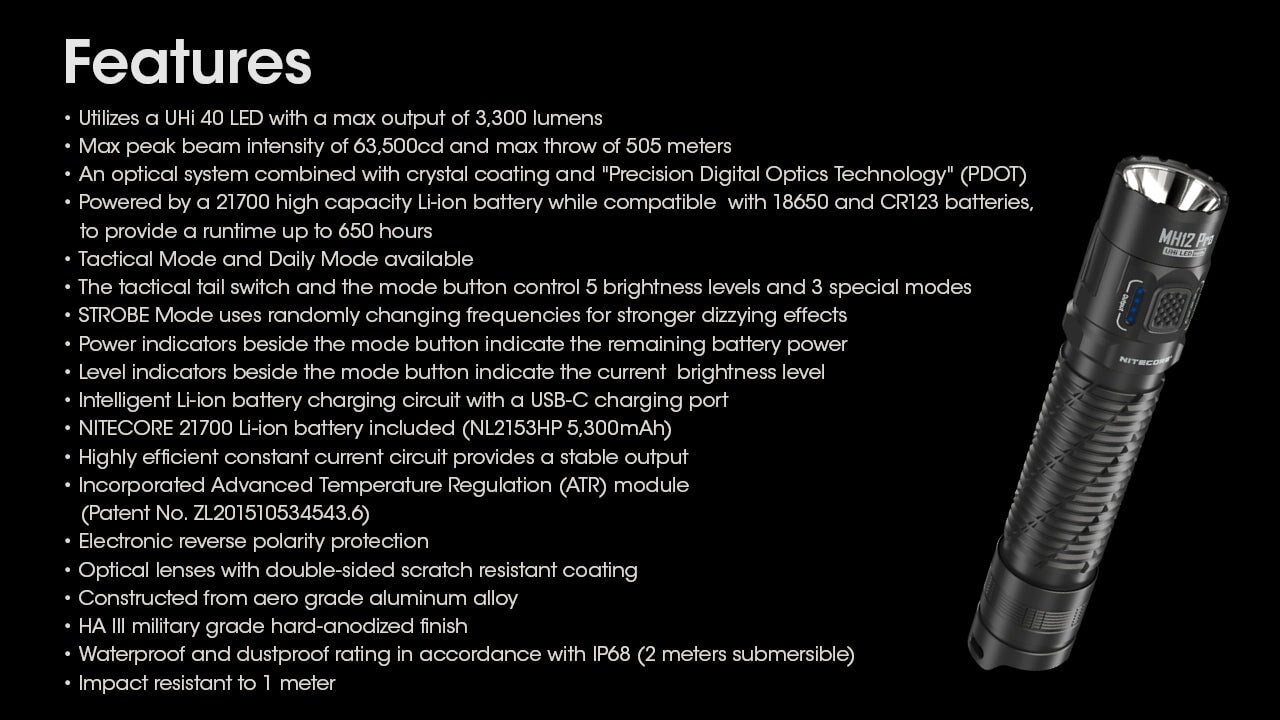 Nitecore MH12 Pro USB-C rechargeable tactical LED flashlight with 3300 lumens brightness for law enforcement, duty, and outdoor lighting