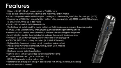 Nitecore MH12 Pro USB-C rechargeable tactical LED flashlight with 3300 lumens brightness for law enforcement, duty, and outdoor lighting