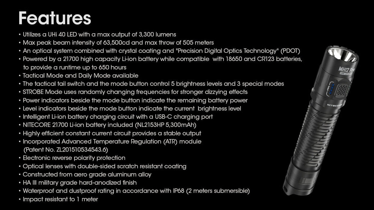 Nitecore MH12 Pro USB-C Rechargeable Flashlight - 3300 Lumens NItecore 
