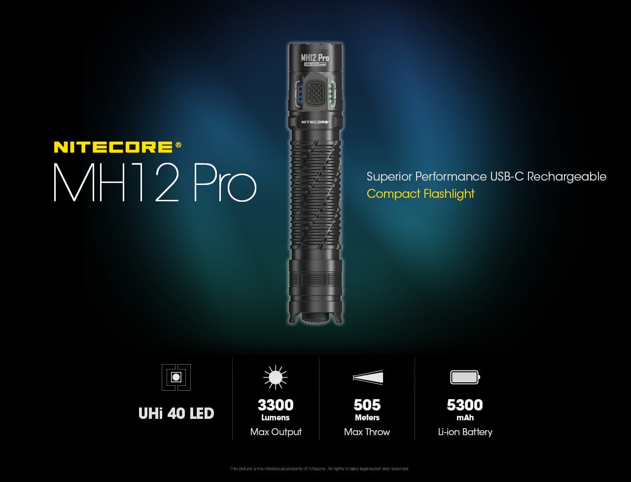 Nitecore MH12 Pro USB-C rechargeable tactical LED flashlight with 3300 lumens brightness for law enforcement, duty, and outdoor lighting