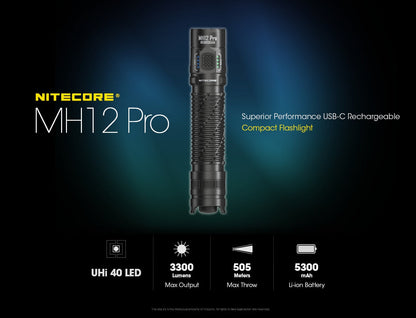 Nitecore MH12 Pro USB-C rechargeable tactical LED flashlight with 3300 lumens brightness for law enforcement, duty, and outdoor lighting