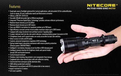 Nitecore MH27UV USB rechargeable LED flashlight with 1000 lumens brightness featuring red, blue, and ultraviolet LEDs for inspection and tactical use