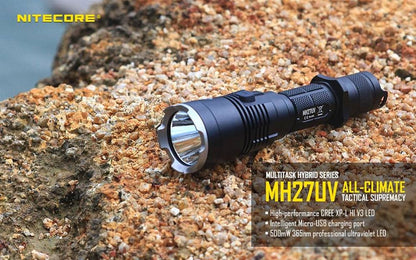 Nitecore MH27UV USB rechargeable LED flashlight with 1000 lumens brightness featuring red, blue, and ultraviolet LEDs for inspection and tactical use