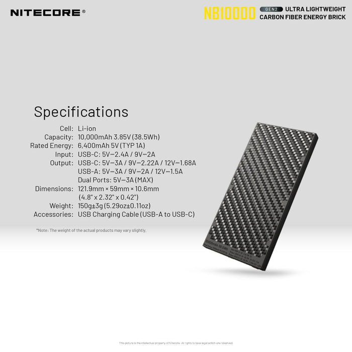 Nitecore NB10000 Carbon Fiber Power Bank Charger (10,000mAh 3A) Gen 2 Power Bank Nitecore 