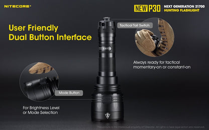 Nitecore New P30 long-range rechargeable tactical LED flashlight with 1000 lumens brightness for hunting, search, and outdoor lighting