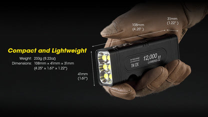 Nitecore TM12K rechargeable handheld LED flashlight with 12,000 lumens brightness for tactical, search, and professional lighting applications