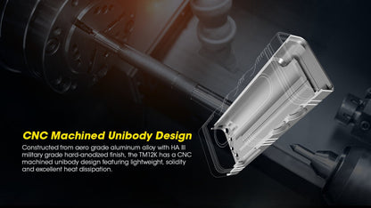 Nitecore TM12K rechargeable handheld LED flashlight with 12,000 lumens brightness for tactical, search, and professional lighting applications