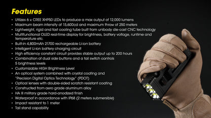 Nitecore TM12K rechargeable handheld LED flashlight with 12,000 lumens brightness for tactical, search, and professional lighting applications
