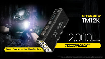 Nitecore TM12K rechargeable handheld LED flashlight with 12,000 lumens brightness for tactical, search, and professional lighting applications