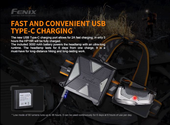 Fenix HP16R fast and convenient usb type-c charging
